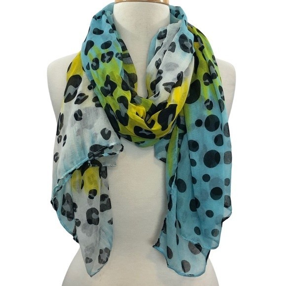 Blue Green Yellow Leopard Print Lightweight Wide Wrap Scarf - Picture 1 of 5